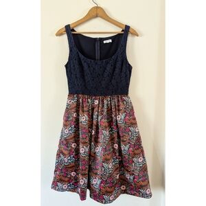 Floral Patterned Dress with Navy Lace Top